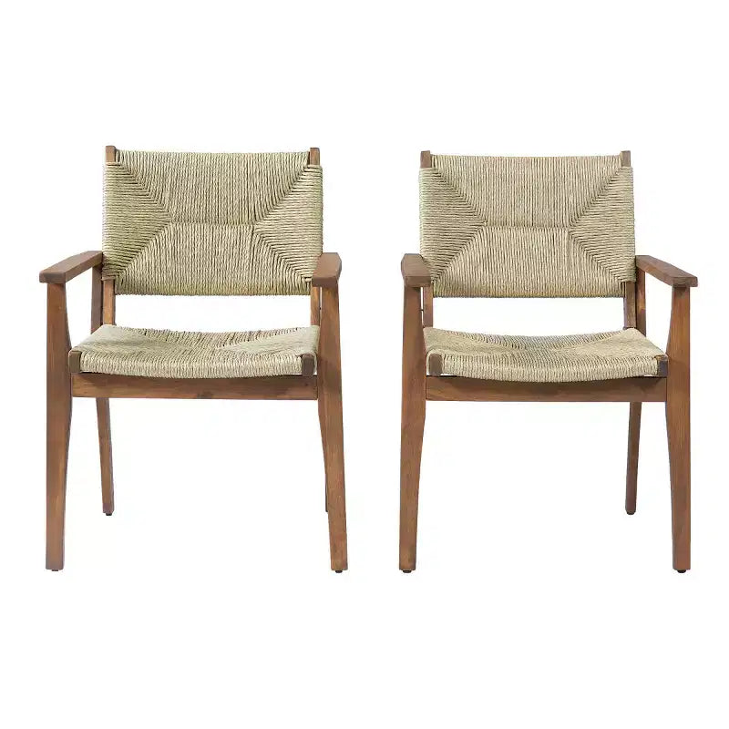 Lot de 2 chaises de salle à manger d'extérieur en bois d'acacia avec assise en osier tressé, finition teck, chaises de jardin avec accoudoirs pour patio-Panipeachy
