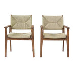 Lot de 2 chaises de salle à manger d'extérieur en bois d'acacia avec assise en osier tressé, finition teck, chaises de jardin avec accoudoirs pour patio-Panipeachy