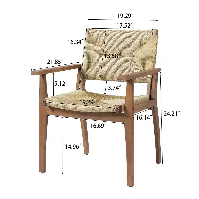 Lot de 2 chaises de salle à manger d'extérieur en bois d'acacia avec assise en osier tressé, finition teck, chaises de jardin avec accoudoirs pour patio-Panipeachy