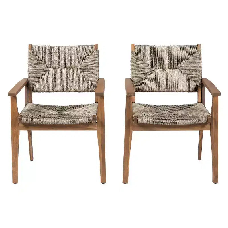 Lot de 2 chaises de salle à manger d'extérieur en bois d'acacia avec assise en osier tressé, finition teck, chaises de jardin avec accoudoirs pour patio-Panipeachy