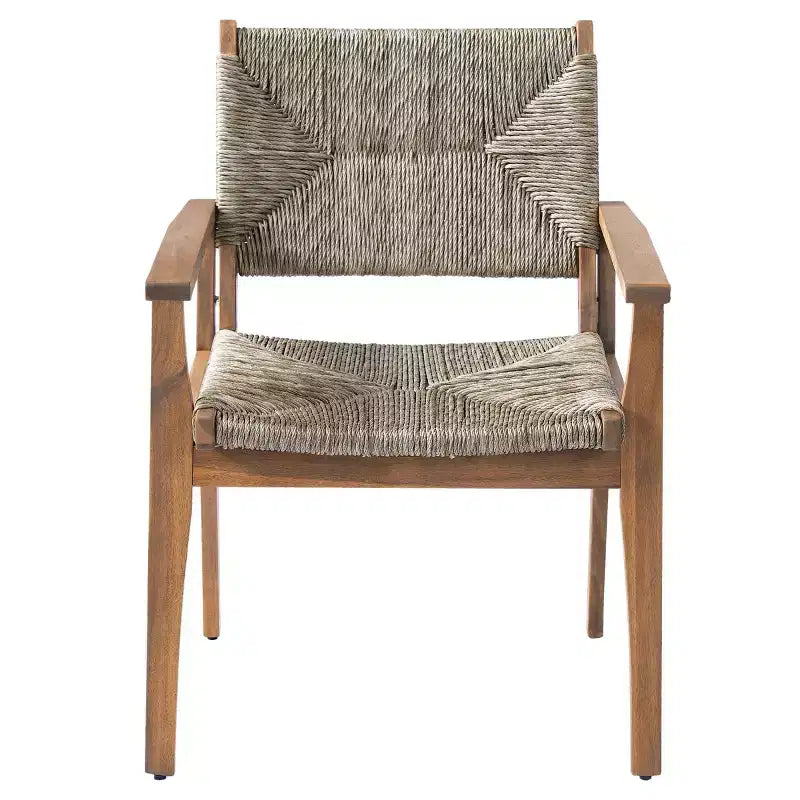Lot de 2 chaises de salle à manger d'extérieur en bois d'acacia avec assise en osier tressé, finition teck, chaises de jardin avec accoudoirs pour patio-Panipeachy