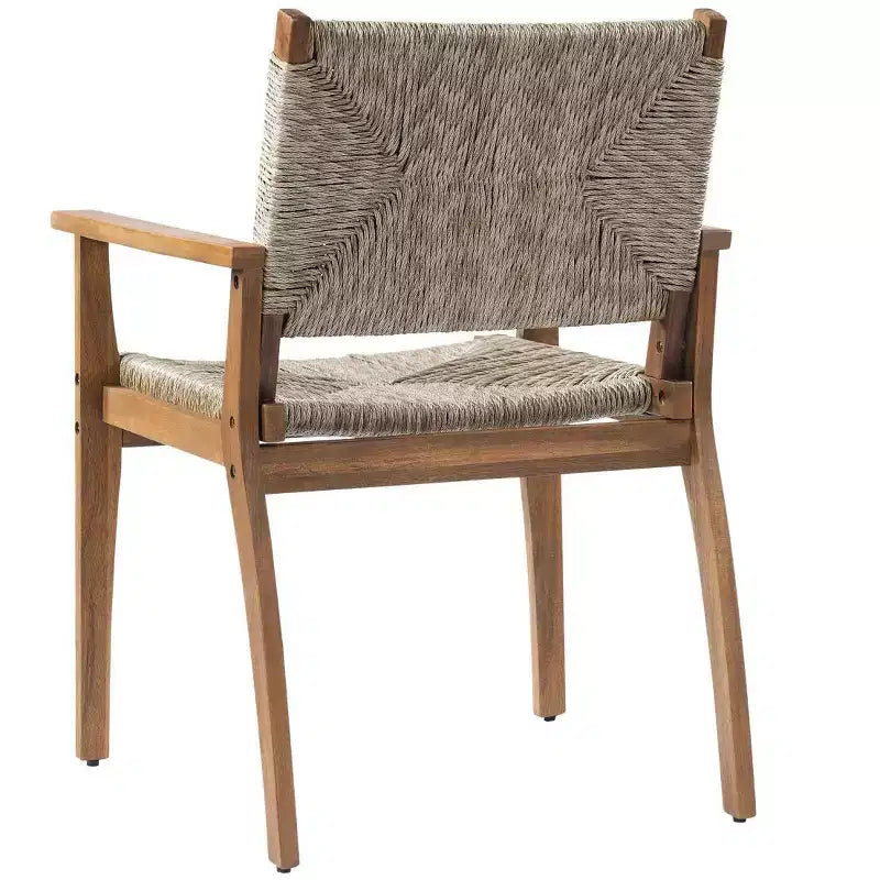 Lot de 2 chaises de salle à manger d'extérieur en bois d'acacia avec assise en osier tressé, finition teck, chaises de jardin avec accoudoirs pour patio-Panipeachy