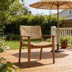 Lot de 2 chaises de salle à manger d'extérieur en bois d'acacia avec assise en osier tressé, finition teck, chaises de jardin avec accoudoirs pour patio-Panipeachy