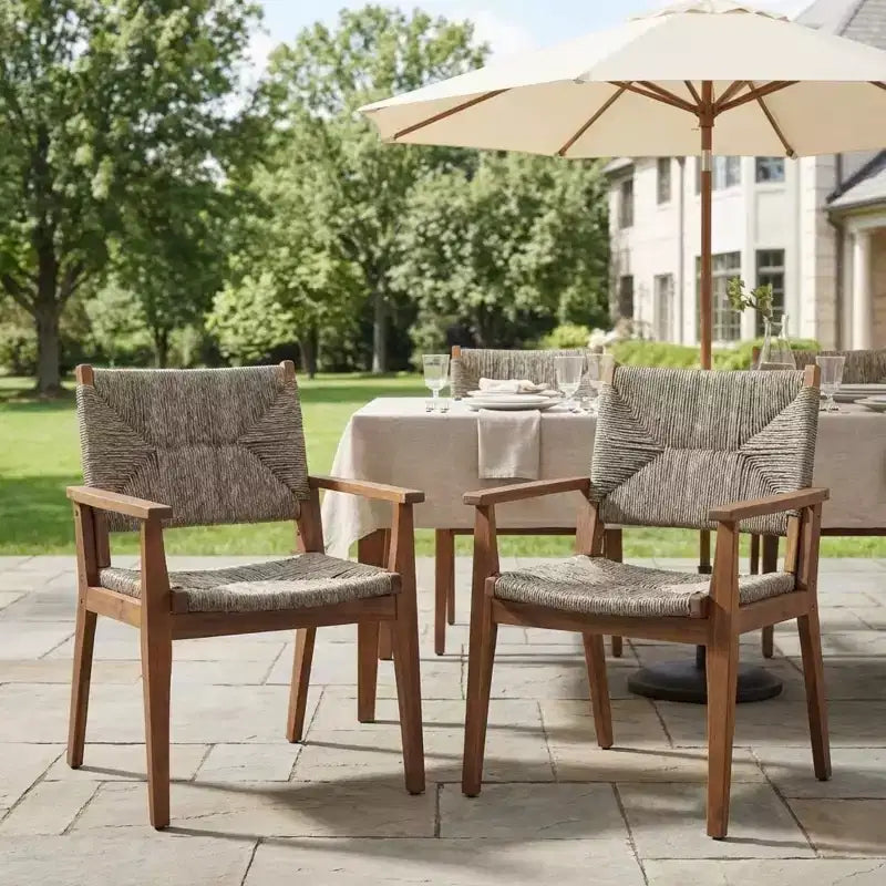Outdoor Dining Chairs Set of 2, Acacia Wood Patio Dining Chairs with Handwoven Wicker Seat, Teak Finish Outdoor Arm Chairs for Patio-Panipeachy