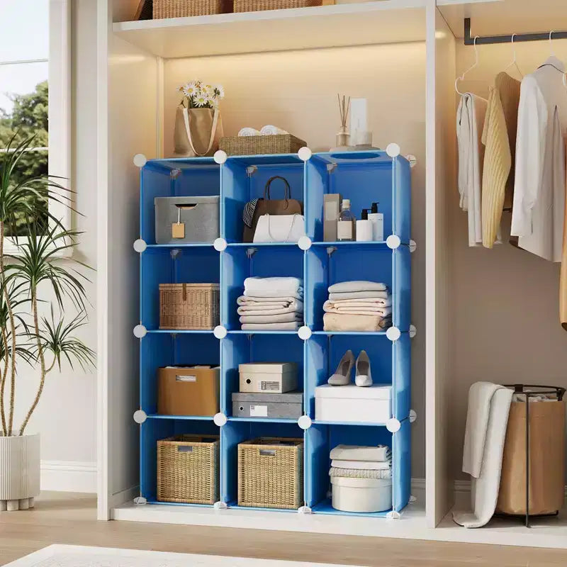 Organizzatore portaoggetti a 12 cubi, scaffali impilabili in PVC fai da te, guardaroba e libreria versatili per camera da letto/soggiorno/ufficio