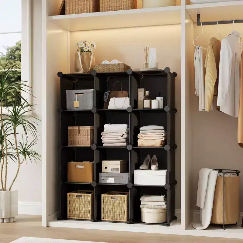Organizzatore portaoggetti a 12 cubi, scaffali impilabili in PVC fai da te, guardaroba e libreria versatili per camera da letto/soggiorno/ufficio