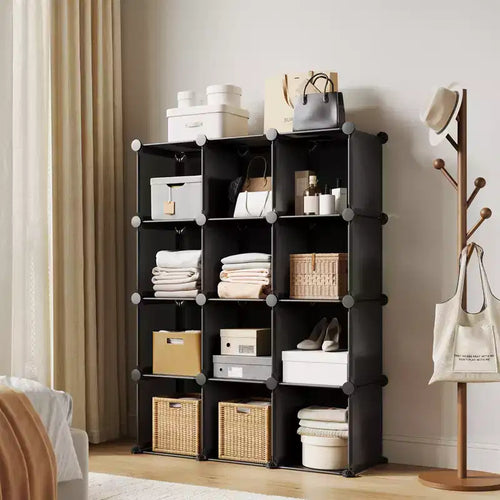 12 Cube Storage Organizer, DIY Stackable PVC Shelves Unit, Versatile Closet & Bookshelf for Bedroom/Living Room/Home Office