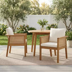 Christopher Knight Home Noura Farmhouse Acacia Wood Outdoor Dining Chairs with Cushion and Rattan Design (Set of 2)