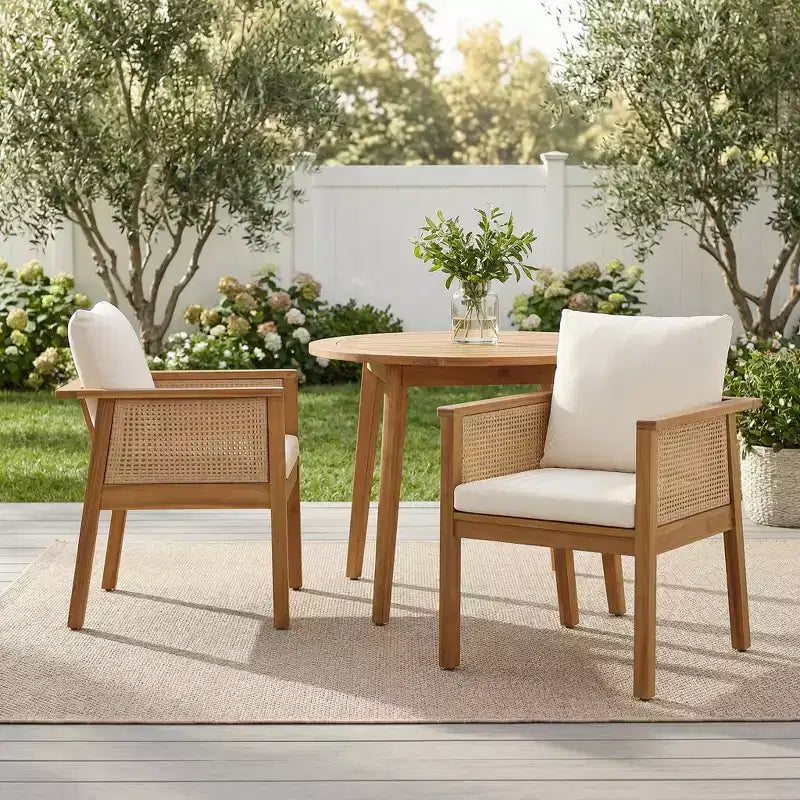 Christopher Knight Home Noura Farmhouse Acacia Wood Outdoor Dining Chairs with Cushion and Rattan Design (Set of 2)
