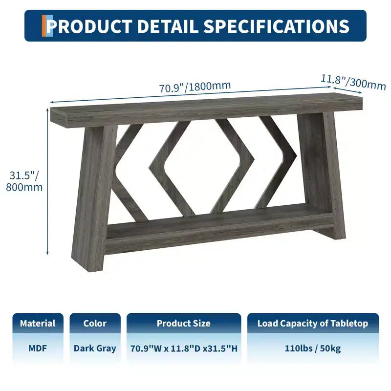 Tavolo Console Interamente in Legno da 180 cm - Tavolo Stretto a 2 Ripiani per Ingresso e Corridoio - Tavolo da Divano Rustico Marrone Stile Fattoria con Gambe Trapezoidali