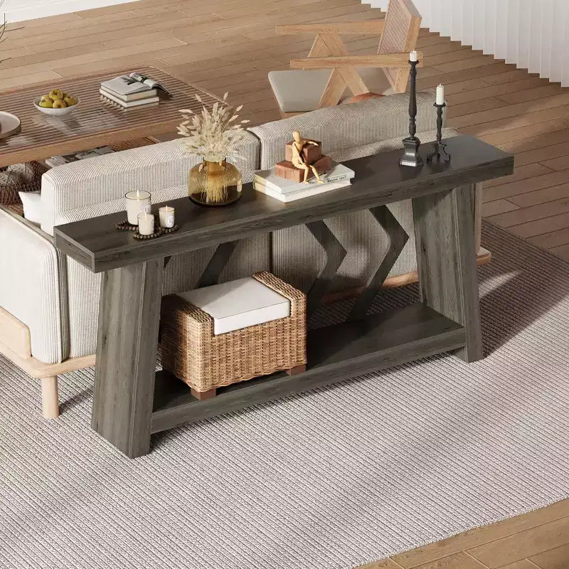 Tavolo Console Interamente in Legno da 180 cm - Tavolo Stretto a 2 Ripiani per Ingresso e Corridoio - Tavolo da Divano Rustico Marrone Stile Fattoria con Gambe Trapezoidali