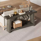 Tavolo Console Interamente in Legno da 180 cm - Tavolo Stretto a 2 Ripiani per Ingresso e Corridoio - Tavolo da Divano Rustico Marrone Stile Fattoria con Gambe Trapezoidali