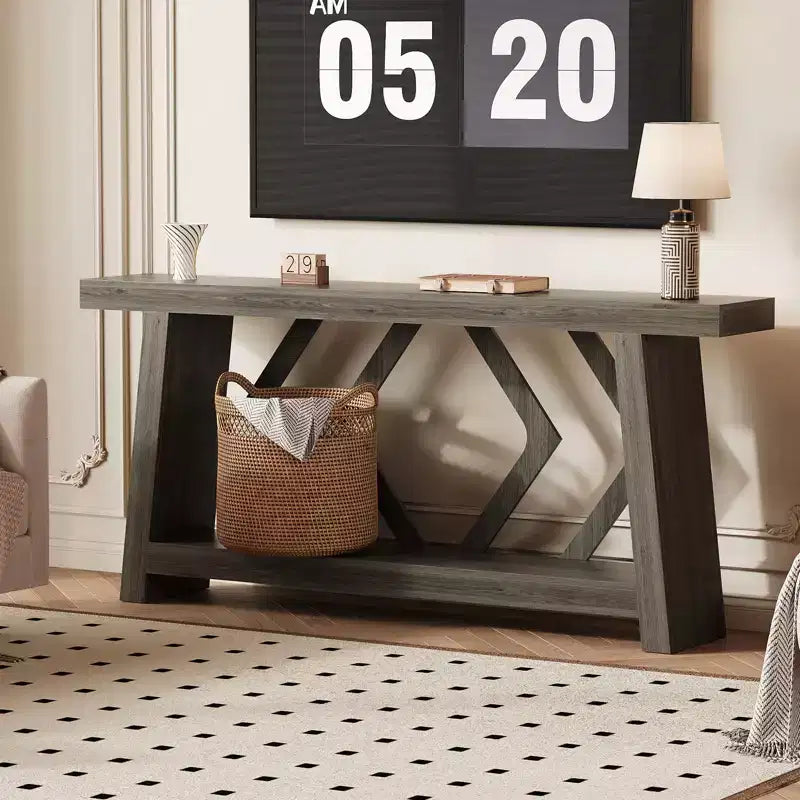 Tavolo Console Interamente in Legno da 180 cm - Tavolo Stretto a 2 Ripiani per Ingresso e Corridoio - Tavolo da Divano Rustico Marrone Stile Fattoria con Gambe Trapezoidali