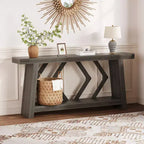 Tavolo Console Interamente in Legno da 180 cm - Tavolo Stretto a 2 Ripiani per Ingresso e Corridoio - Tavolo da Divano Rustico Marrone Stile Fattoria con Gambe Trapezoidali