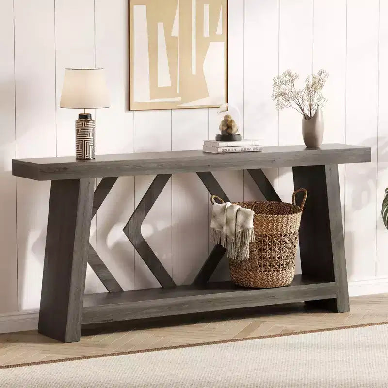 Tavolo Console Interamente in Legno da 180 cm - Tavolo Stretto a 2 Ripiani per Ingresso e Corridoio - Tavolo da Divano Rustico Marrone Stile Fattoria con Gambe Trapezoidali
