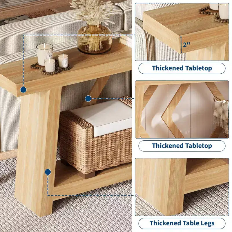 Tavolo Console Interamente in Legno da 180 cm - Tavolo Stretto a 2 Ripiani per Ingresso e Corridoio - Tavolo da Divano Rustico Marrone Stile Fattoria con Gambe Trapezoidali