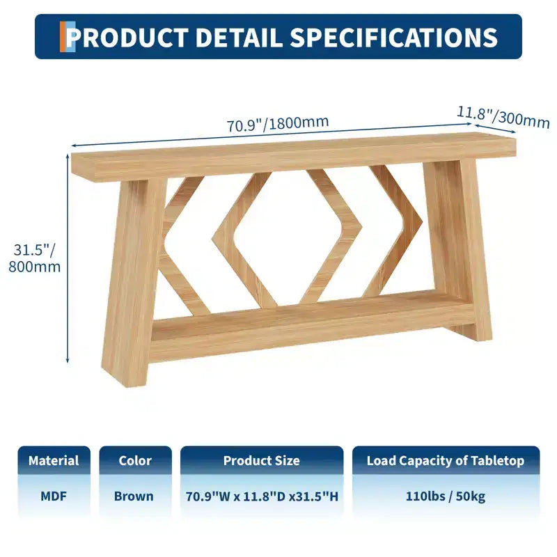 Tavolo Console Interamente in Legno da 180 cm - Tavolo Stretto a 2 Ripiani per Ingresso e Corridoio - Tavolo da Divano Rustico Marrone Stile Fattoria con Gambe Trapezoidali