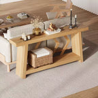 Tavolo Console Interamente in Legno da 180 cm - Tavolo Stretto a 2 Ripiani per Ingresso e Corridoio - Tavolo da Divano Rustico Marrone Stile Fattoria con Gambe Trapezoidali