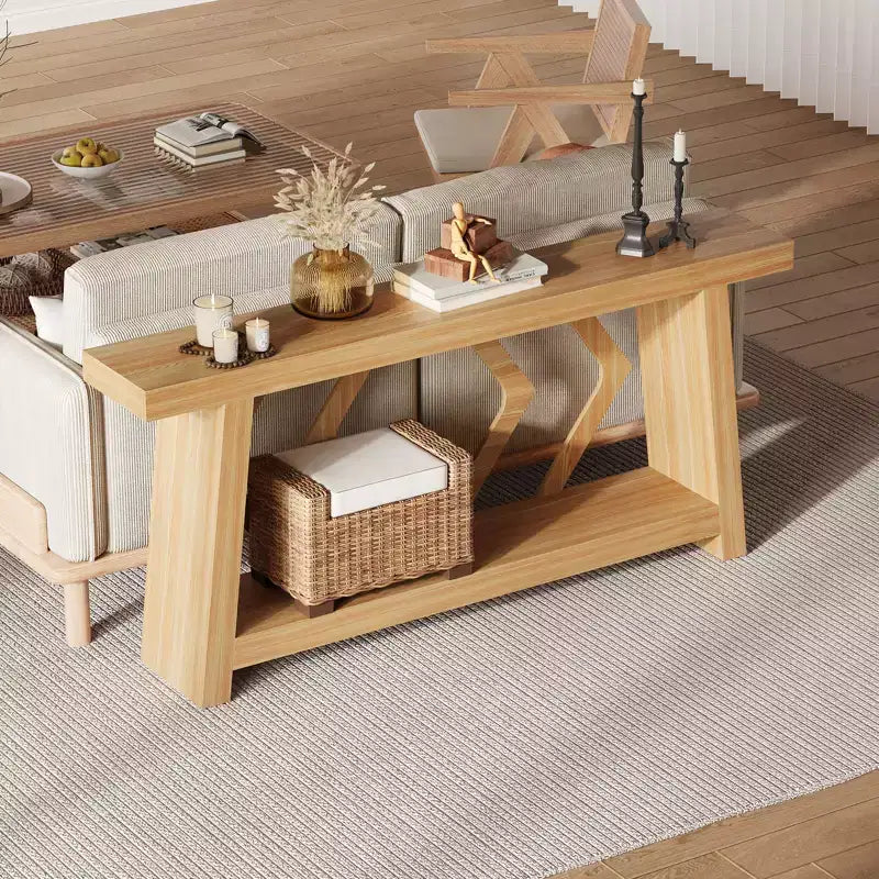 Tavolo Console Interamente in Legno da 180 cm - Tavolo Stretto a 2 Ripiani per Ingresso e Corridoio - Tavolo da Divano Rustico Marrone Stile Fattoria con Gambe Trapezoidali