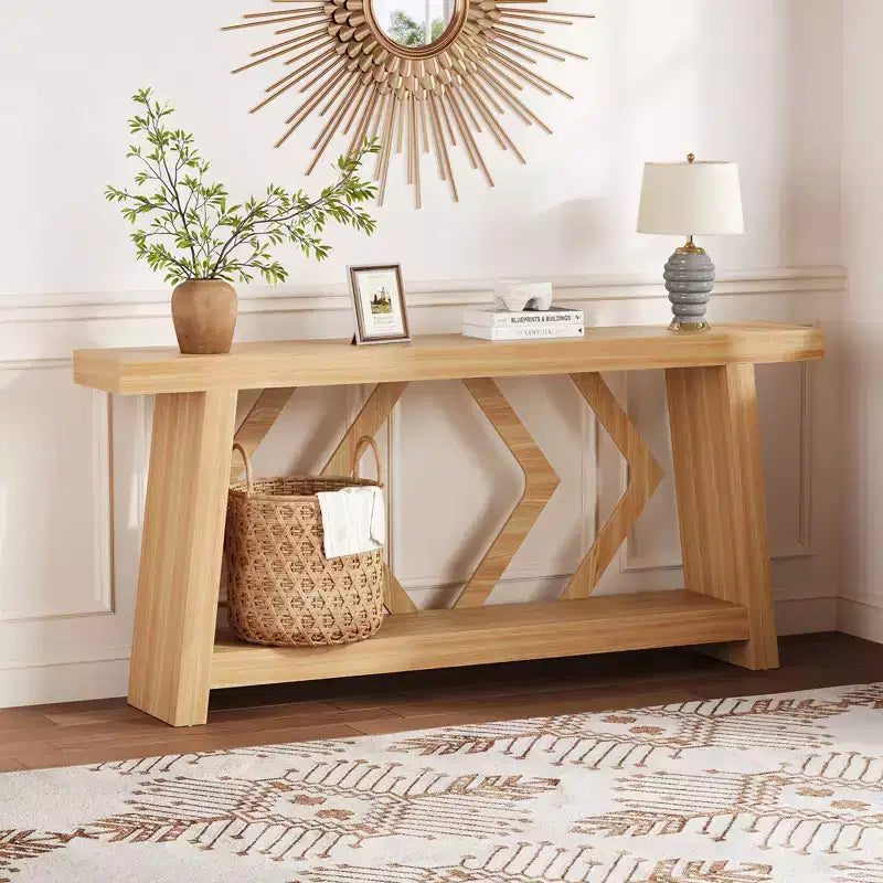 Tavolo Console Interamente in Legno da 180 cm - Tavolo Stretto a 2 Ripiani per Ingresso e Corridoio - Tavolo da Divano Rustico Marrone Stile Fattoria con Gambe Trapezoidali
