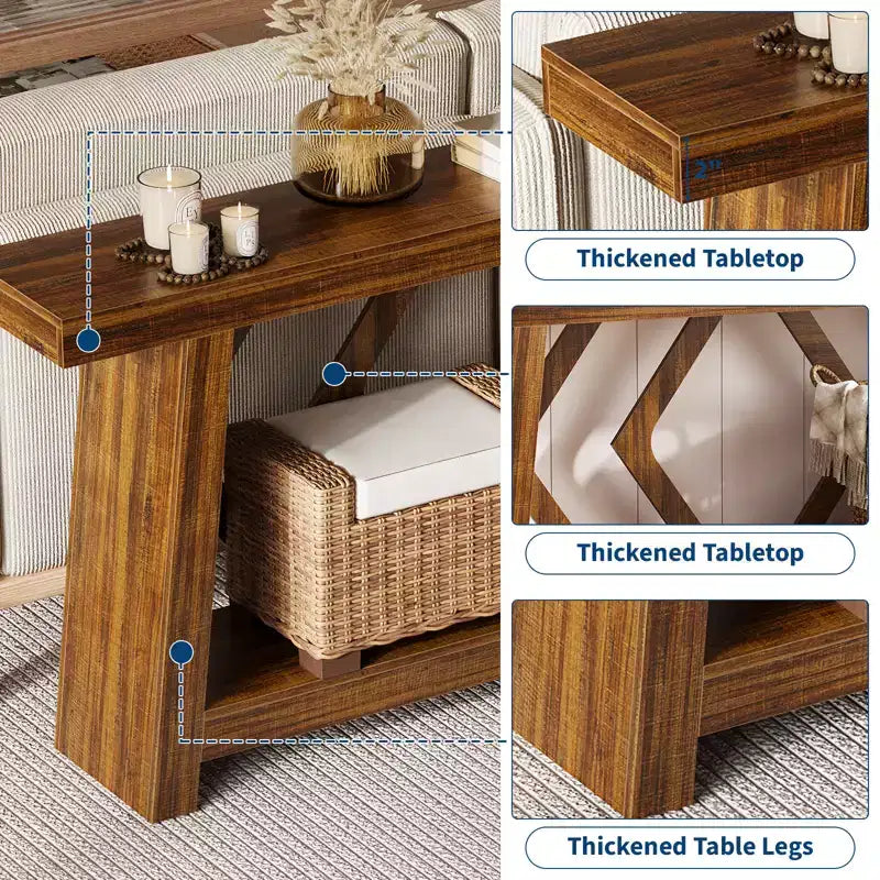 Tavolo Console Interamente in Legno da 180 cm - Tavolo Stretto a 2 Ripiani per Ingresso e Corridoio - Tavolo da Divano Rustico Marrone Stile Fattoria con Gambe Trapezoidali