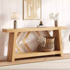 Tavolo Console Interamente in Legno da 180 cm - Tavolo Stretto a 2 Ripiani per Ingresso e Corridoio - Tavolo da Divano Rustico Marrone Stile Fattoria con Gambe Trapezoidali