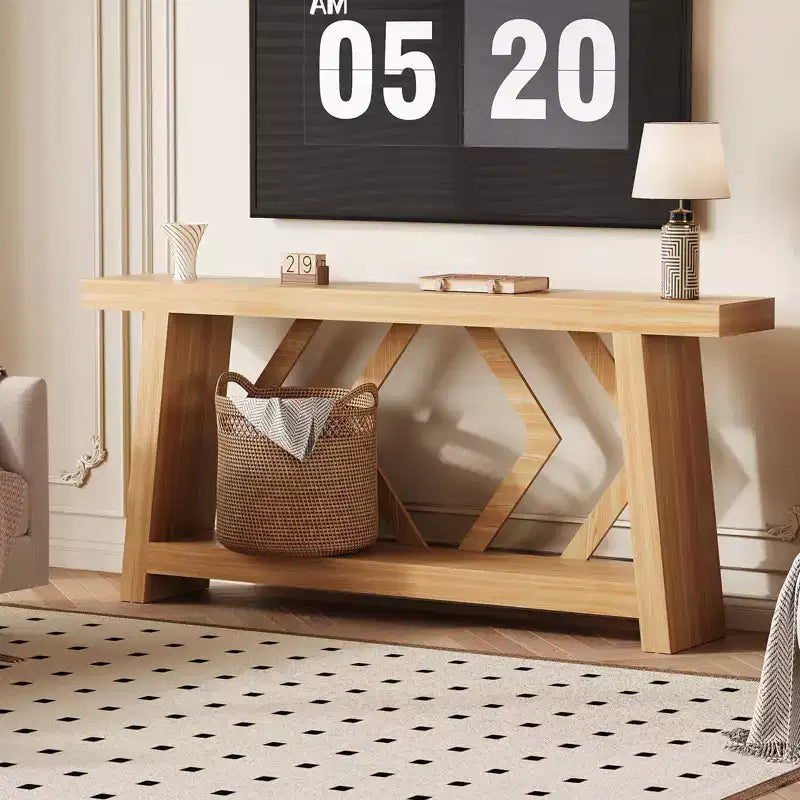 Tavolo Console Interamente in Legno da 180 cm - Tavolo Stretto a 2 Ripiani per Ingresso e Corridoio - Tavolo da Divano Rustico Marrone Stile Fattoria con Gambe Trapezoidali