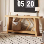 Tavolo Console Interamente in Legno da 180 cm - Tavolo Stretto a 2 Ripiani per Ingresso e Corridoio - Tavolo da Divano Rustico Marrone Stile Fattoria con Gambe Trapezoidali