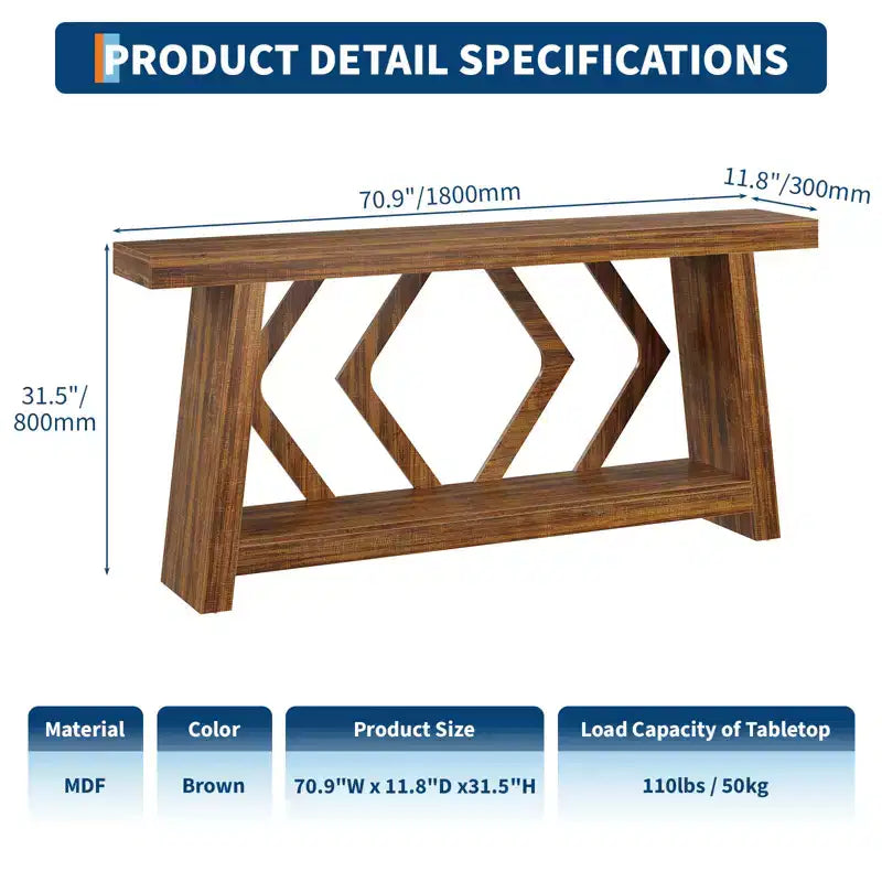 Tavolo Console Interamente in Legno da 180 cm - Tavolo Stretto a 2 Ripiani per Ingresso e Corridoio - Tavolo da Divano Rustico Marrone Stile Fattoria con Gambe Trapezoidali