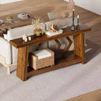 Tavolo Console Interamente in Legno da 180 cm - Tavolo Stretto a 2 Ripiani per Ingresso e Corridoio - Tavolo da Divano Rustico Marrone Stile Fattoria con Gambe Trapezoidali