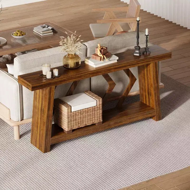 Tavolo Console Interamente in Legno da 180 cm - Tavolo Stretto a 2 Ripiani per Ingresso e Corridoio - Tavolo da Divano Rustico Marrone Stile Fattoria con Gambe Trapezoidali