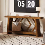 Tavolo Console Interamente in Legno da 180 cm - Tavolo Stretto a 2 Ripiani per Ingresso e Corridoio - Tavolo da Divano Rustico Marrone Stile Fattoria con Gambe Trapezoidali