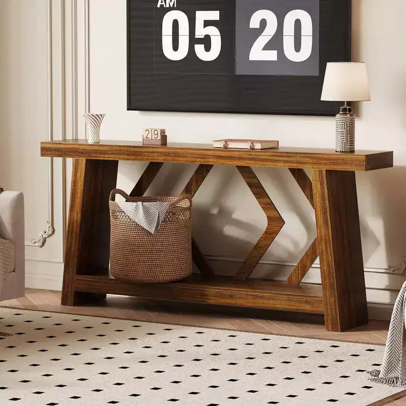 Tavolo Console Interamente in Legno da 180 cm - Tavolo Stretto a 2 Ripiani per Ingresso e Corridoio - Tavolo da Divano Rustico Marrone Stile Fattoria con Gambe Trapezoidali