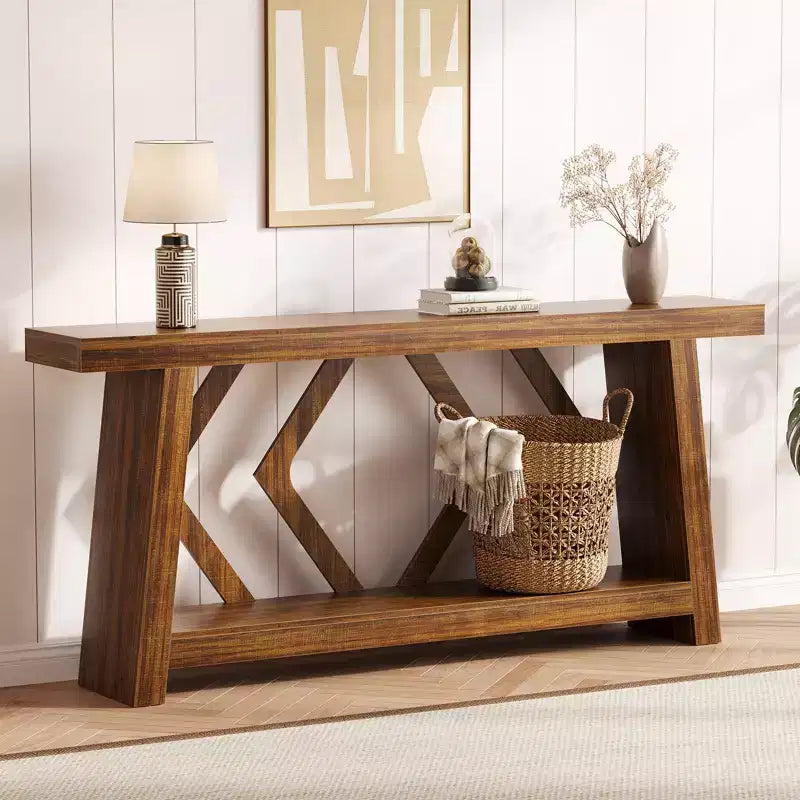 Tavolo Console Interamente in Legno da 180 cm - Tavolo Stretto a 2 Ripiani per Ingresso e Corridoio - Tavolo da Divano Rustico Marrone Stile Fattoria con Gambe Trapezoidali