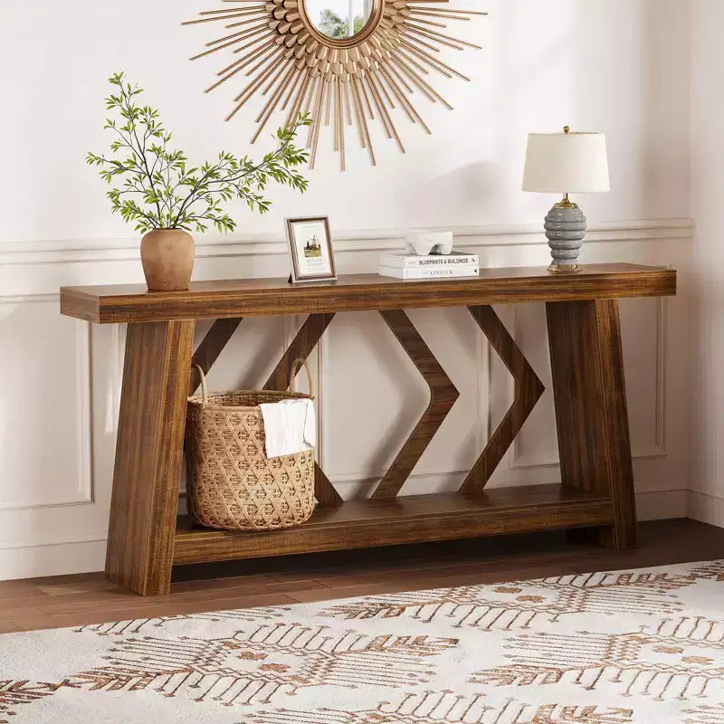 Tavolo Console Interamente in Legno da 180 cm - Tavolo Stretto a 2 Ripiani per Ingresso e Corridoio - Tavolo da Divano Rustico Marrone Stile Fattoria con Gambe Trapezoidali