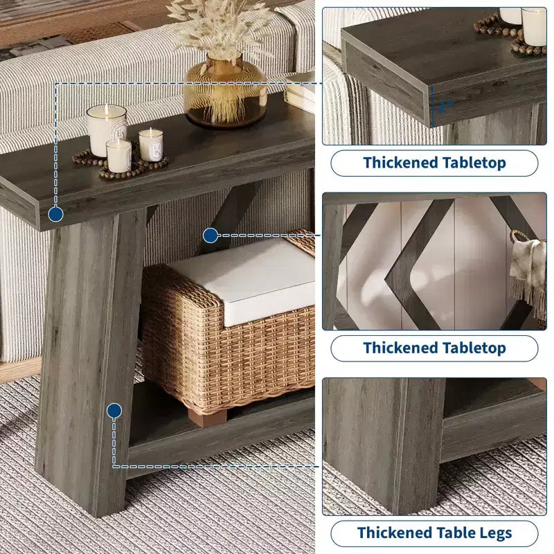 Tavolo Console Interamente in Legno da 180 cm - Tavolo Stretto a 2 Ripiani per Ingresso e Corridoio - Tavolo da Divano Rustico Marrone Stile Fattoria con Gambe Trapezoidali