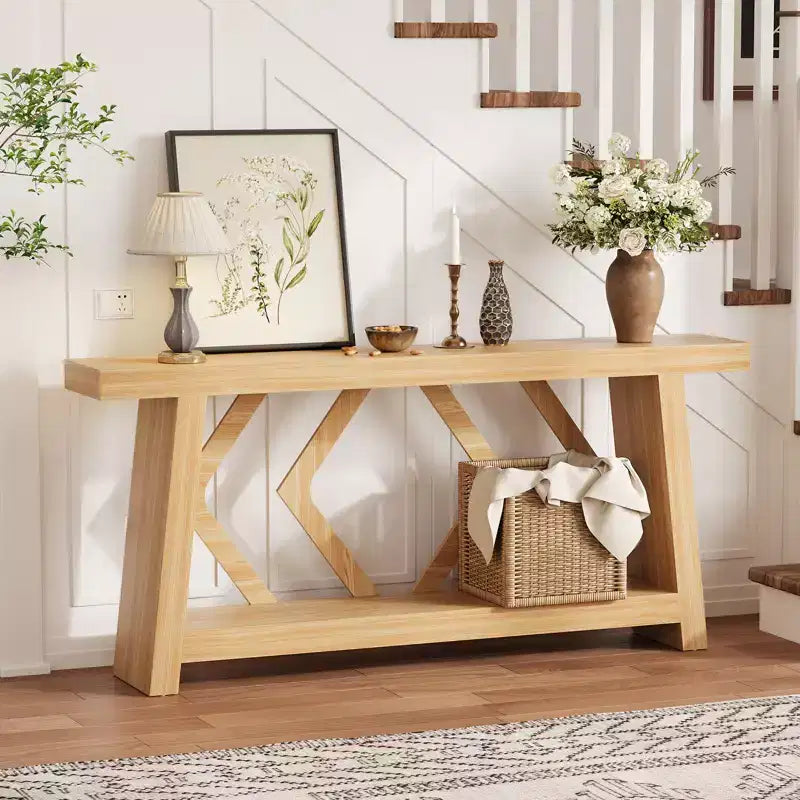 Tavolo Console Interamente in Legno da 180 cm - Tavolo Stretto a 2 Ripiani per Ingresso e Corridoio - Tavolo da Divano Rustico Marrone Stile Fattoria con Gambe Trapezoidali