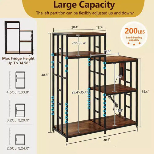 Supporto per Mini Frigo Regolabile a 6 Ripiani con 3 Prese di Corrente - Scaffale da Cucina e Organizer per Angolo Caffè Resistente - Capacità 163 kg - Per Dormitorio e Appartamento