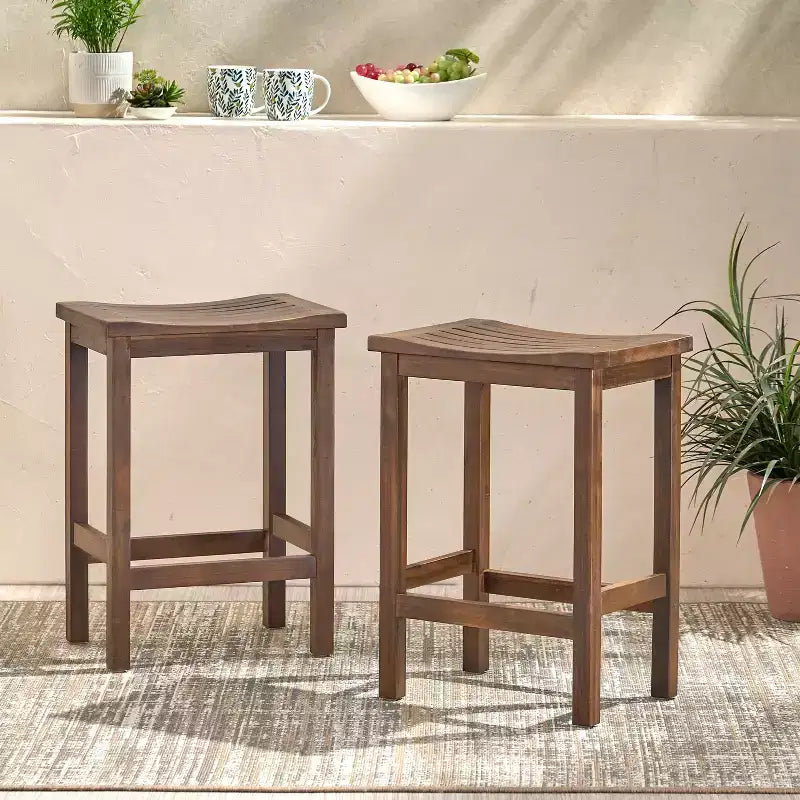 Acacia Wood Counter Height Bar Stools Set of 2, Mahogany Brown Outdoor Patio Kitchen