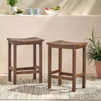 Acacia Wood Counter Height Bar Stools Set of 2, Mahogany Brown Outdoor Patio Kitchen
