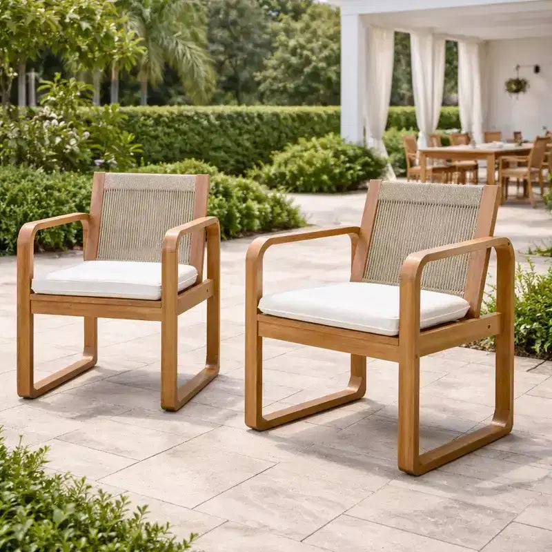 ModernLuxe 2pcs Outdoor Dining Chair Set, Acacia Wood Frame Armchairs Patio Side Chair with Rope Back & Water-Repellent Beige Cushions, Light Teak
