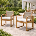 ModernLuxe 2pcs Outdoor Dining Chair Set, Acacia Wood Frame Armchairs Patio Side Chair with Rope Back & Water-Repellent Beige Cushions, Light Teak
