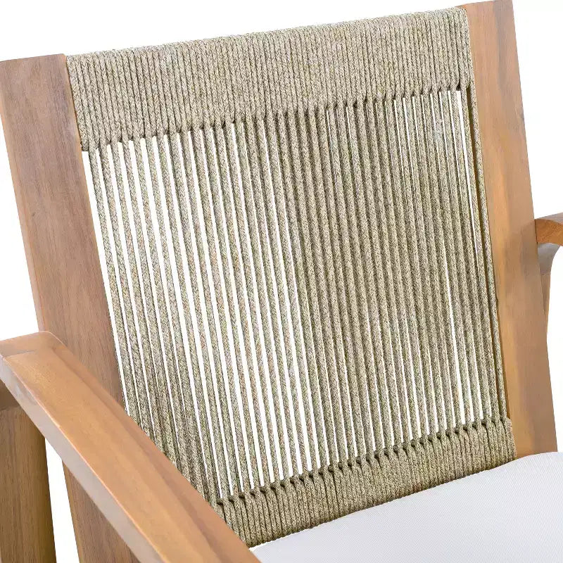 ModernLuxe Set di 2 sedie da pranzo per esterni, poltrone con struttura in legno di acacia, sedia da giardino con schienale in corda e cuscini beige idrorepellenti, Teak chiaro