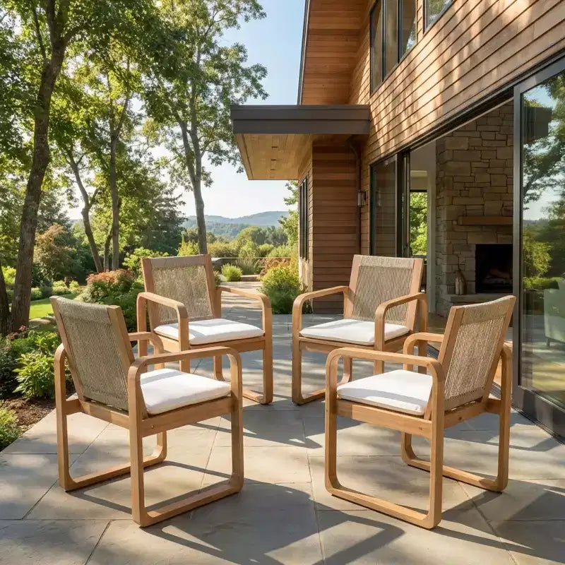 ModernLuxe Set di 2 sedie da pranzo per esterni, poltrone con struttura in legno di acacia, sedia da giardino con schienale in corda e cuscini beige idrorepellenti, Teak chiaro