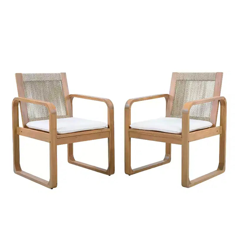 ModernLuxe Set di 2 sedie da pranzo per esterni, poltrone con struttura in legno di acacia, sedia da giardino con schienale in corda e cuscini beige idrorepellenti, Teak chiaro