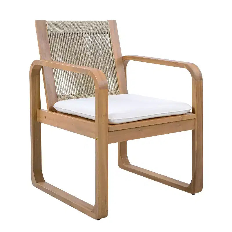 ModernLuxe Set di 2 sedie da pranzo per esterni, poltrone con struttura in legno di acacia, sedia da giardino con schienale in corda e cuscini beige idrorepellenti, Teak chiaro