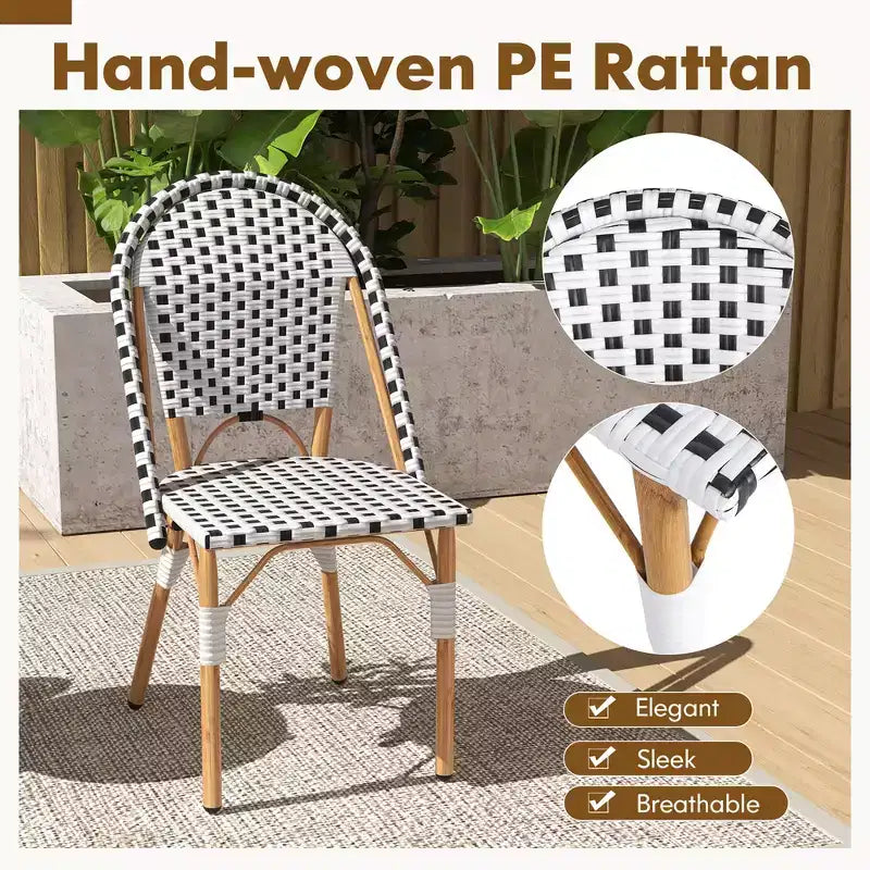 Costway Set di 4 Sedie da Bistrò Francese con Rattan Intrecciato a Mano e Telaio in Metallo Galvanizzato per Esterni