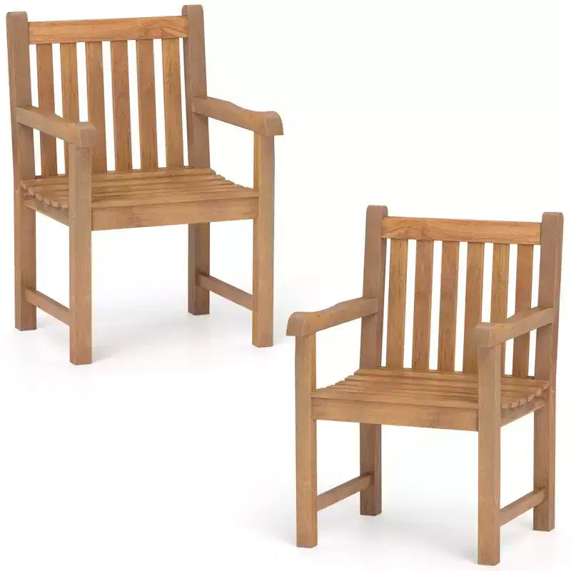 Costway 2 PCS Teak Wood Patio Dining Chair Outdoor Armchair w/ Slatted Seat & Solid Legs