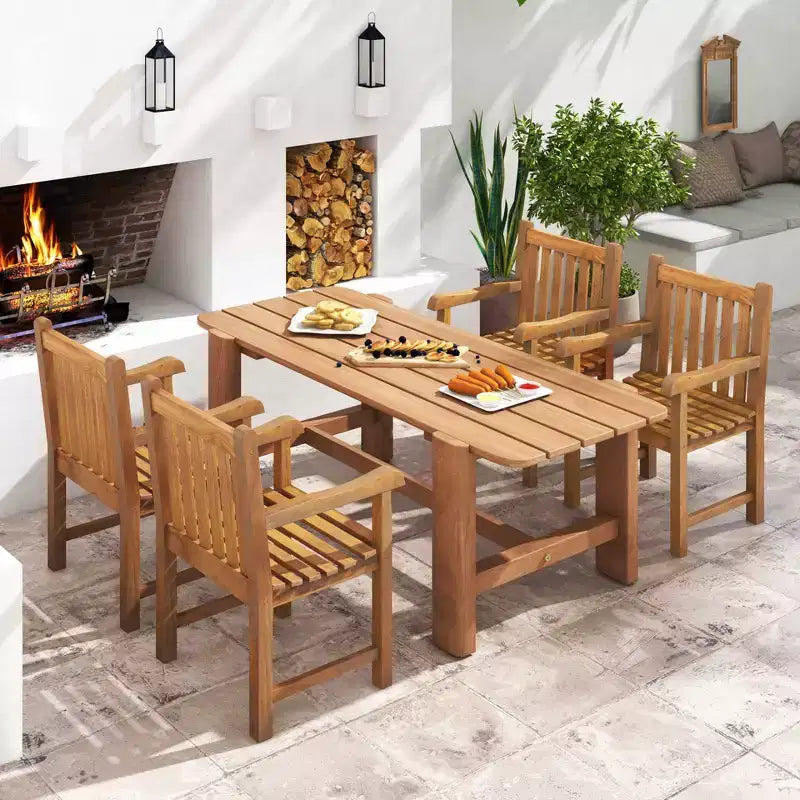 Costway Lot de 2 chaises de salle à manger d'extérieur en bois de teck avec assise à lattes et pieds solides