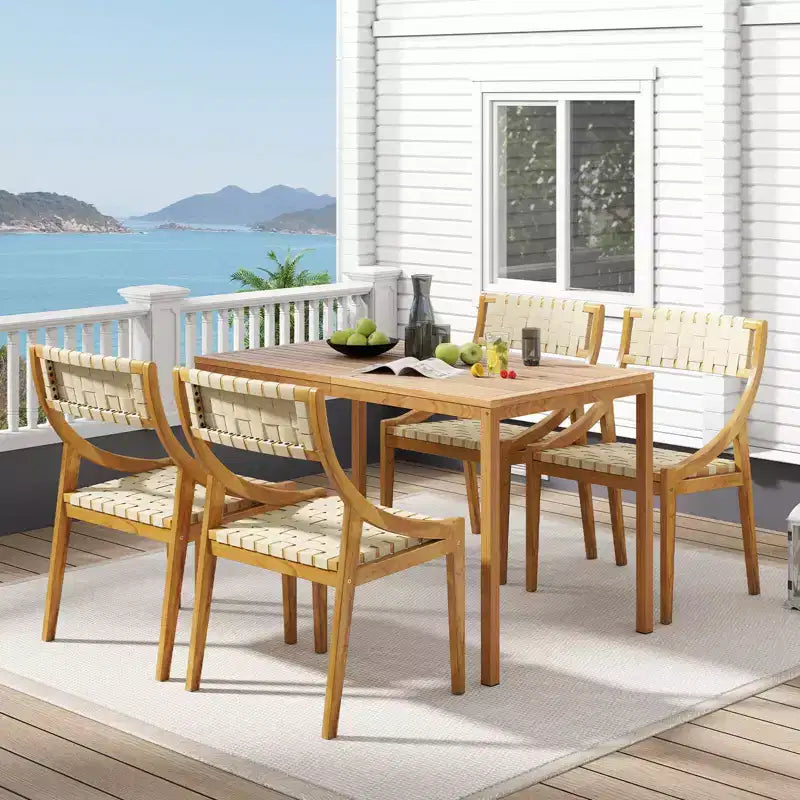 Costway Set di 1/2/4 Sedie da Pranzo da Esterno in Legno di Teak, Senza Braccioli, con Seduta e Schienale in Tessuto Intrecciato